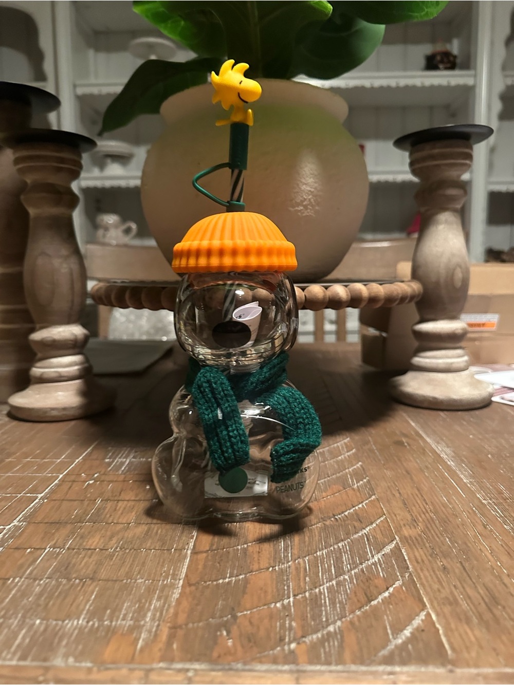 Starbucks x Peanuts Woodstock Snoopy Glass Cup with Orange Hat and Green Scarf
